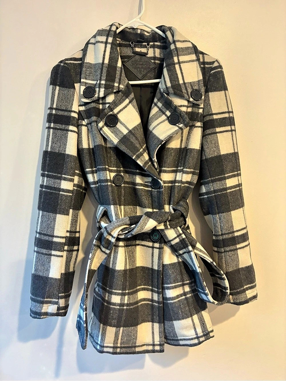 Joujou Plaid Belted Pea Coat in Gray & Cream Size Small